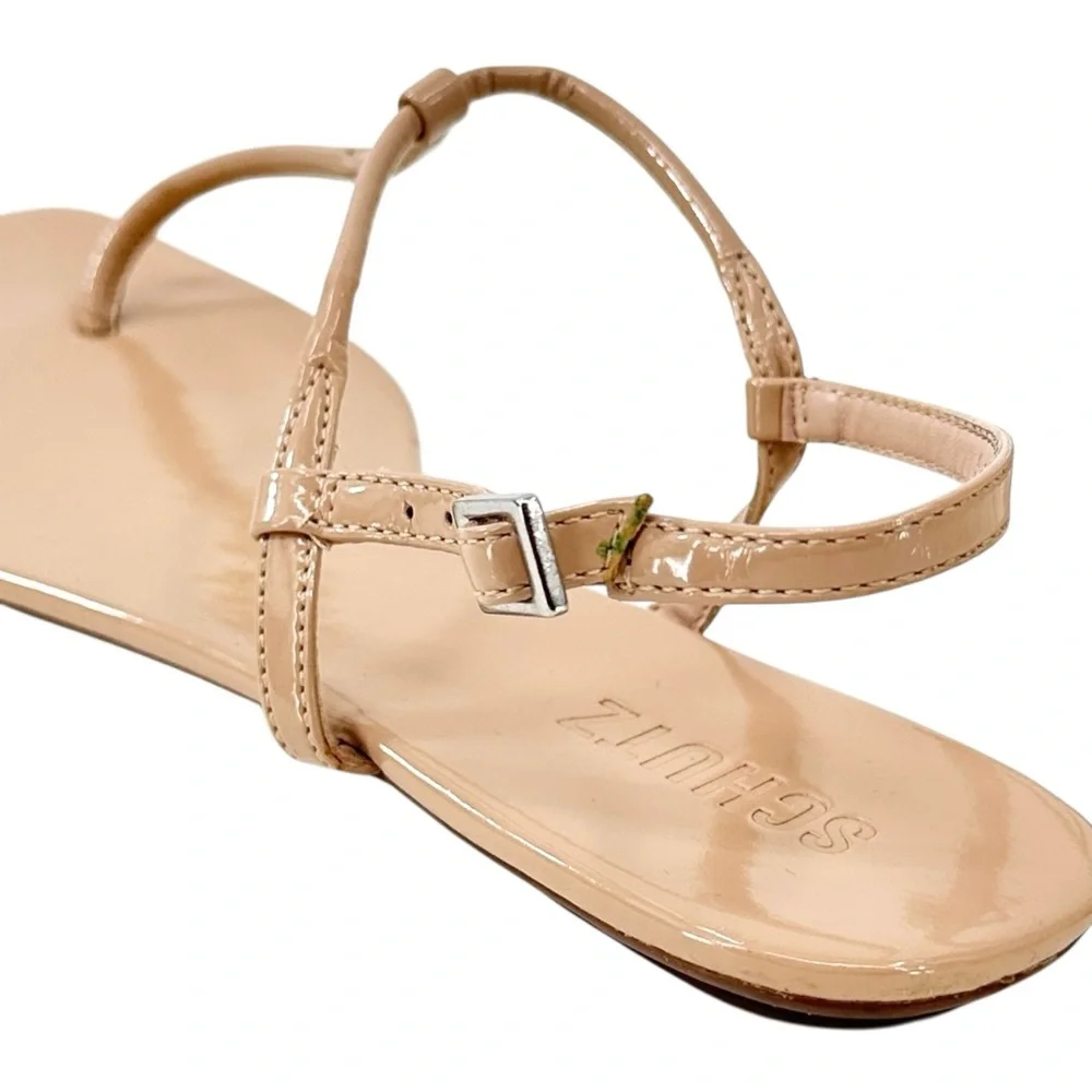 SCHUTZ Elsha Nude Beige Blush Pink Glossy Leather Round Toe Flat Sandals Flats